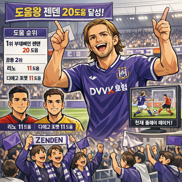 젠덴 벨기에 리그 도움왕 등극 20도움 압도적 1위벨기